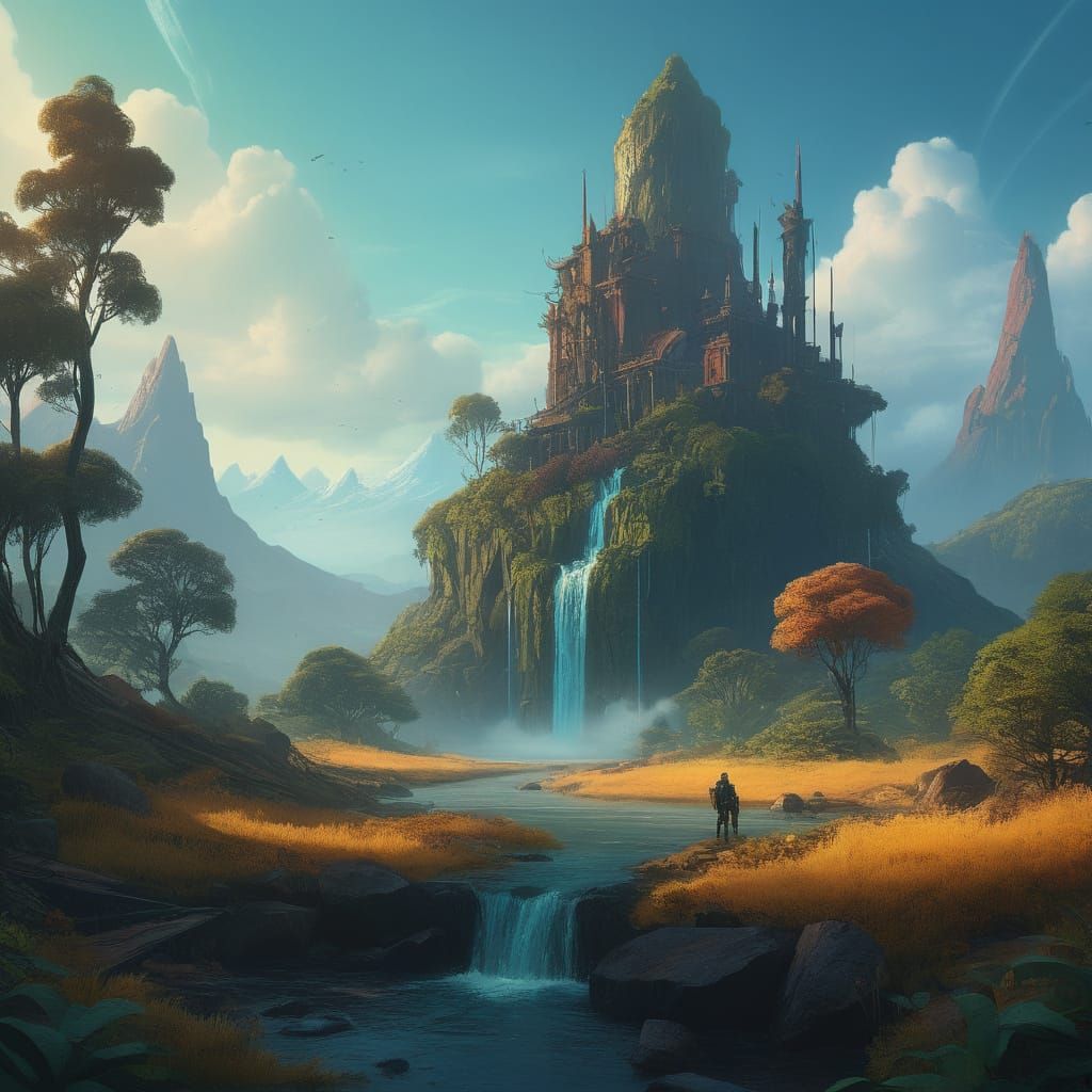Ethereal Fantasy Landscape with Golden Hour Light