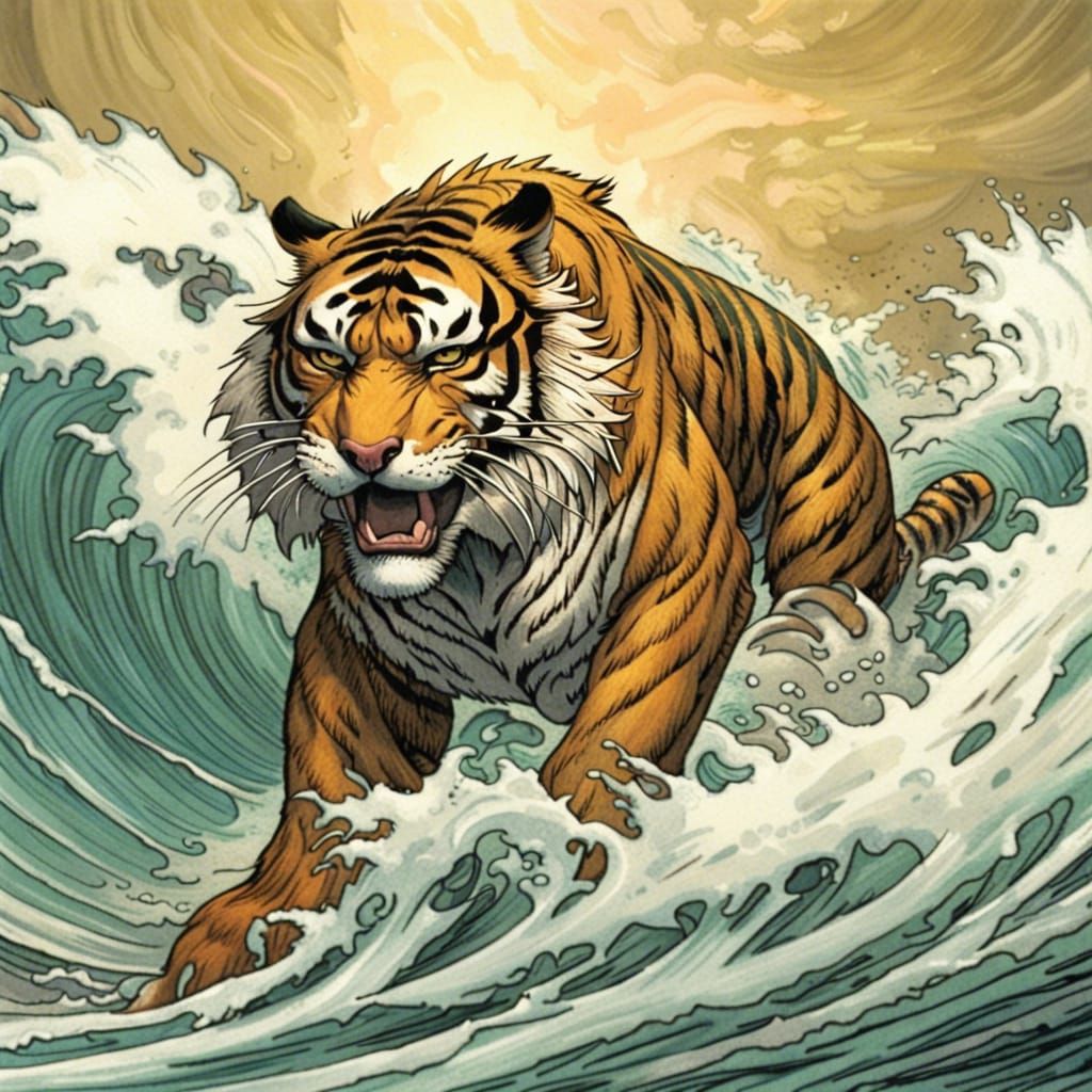 Tiger Surfing a Wave in Japanese Art Style
