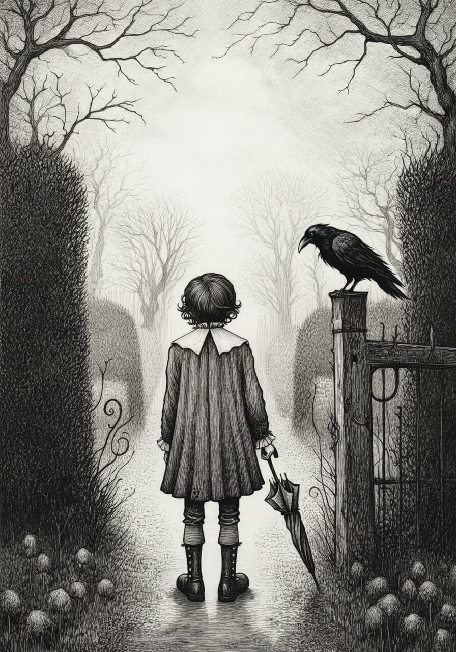 Victorian Child in Overgrown Garden, Gorey-style Illustratio...