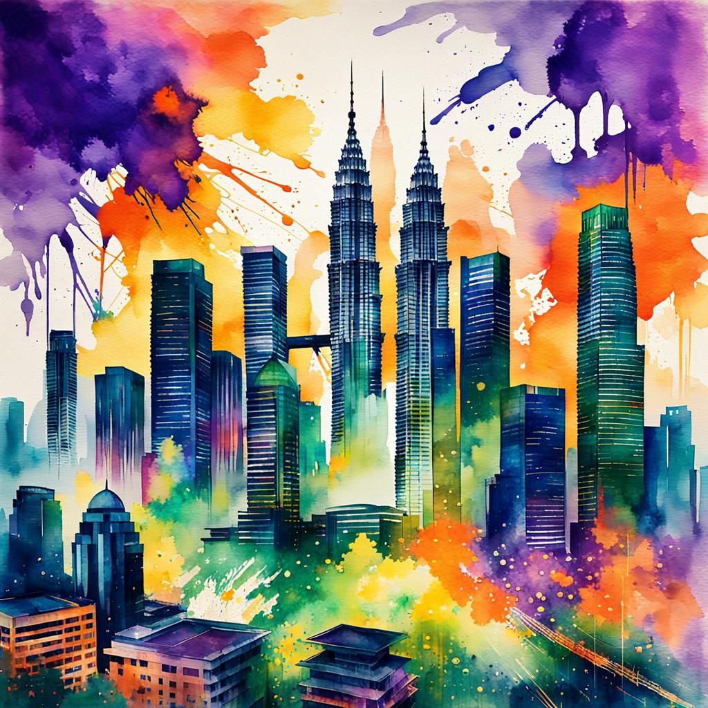 Kuala Lumpur Skyline in Watercolor Style