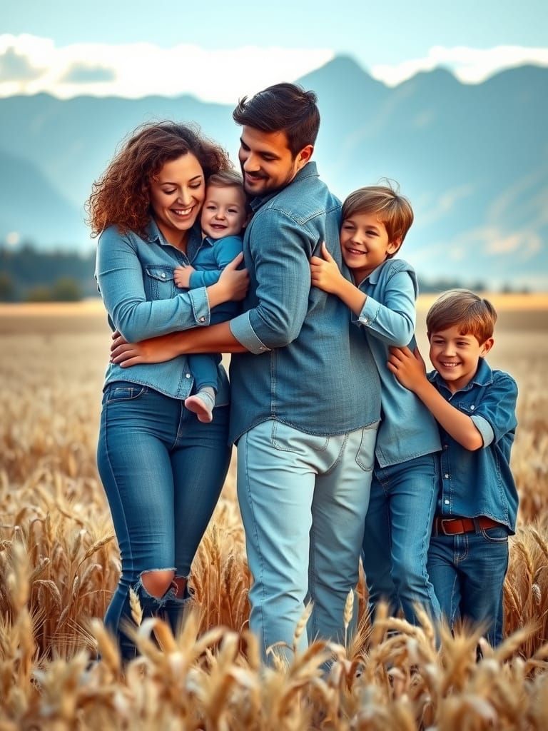 Family Embracing in Wheat Field with Majestic Mountains