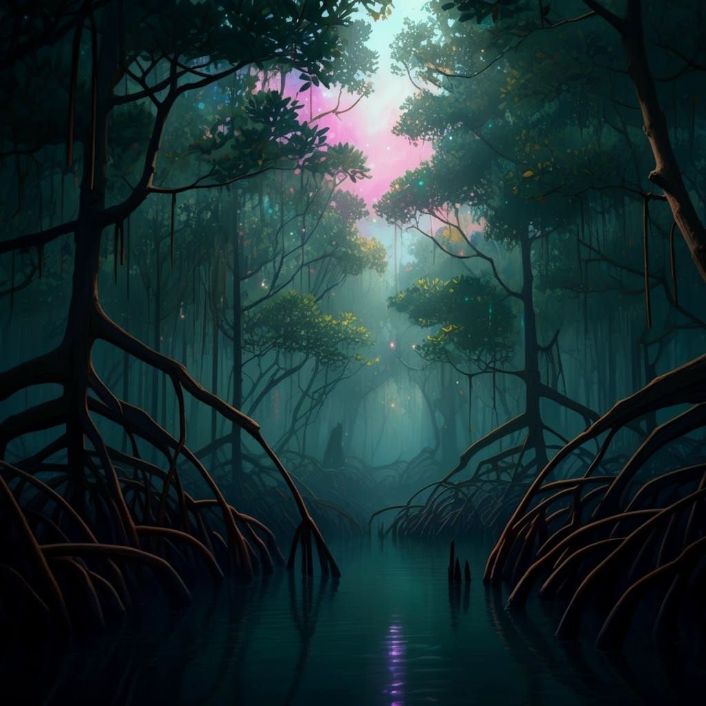 Ethereal Starlight Illuminates Misty Mangrove Forest
