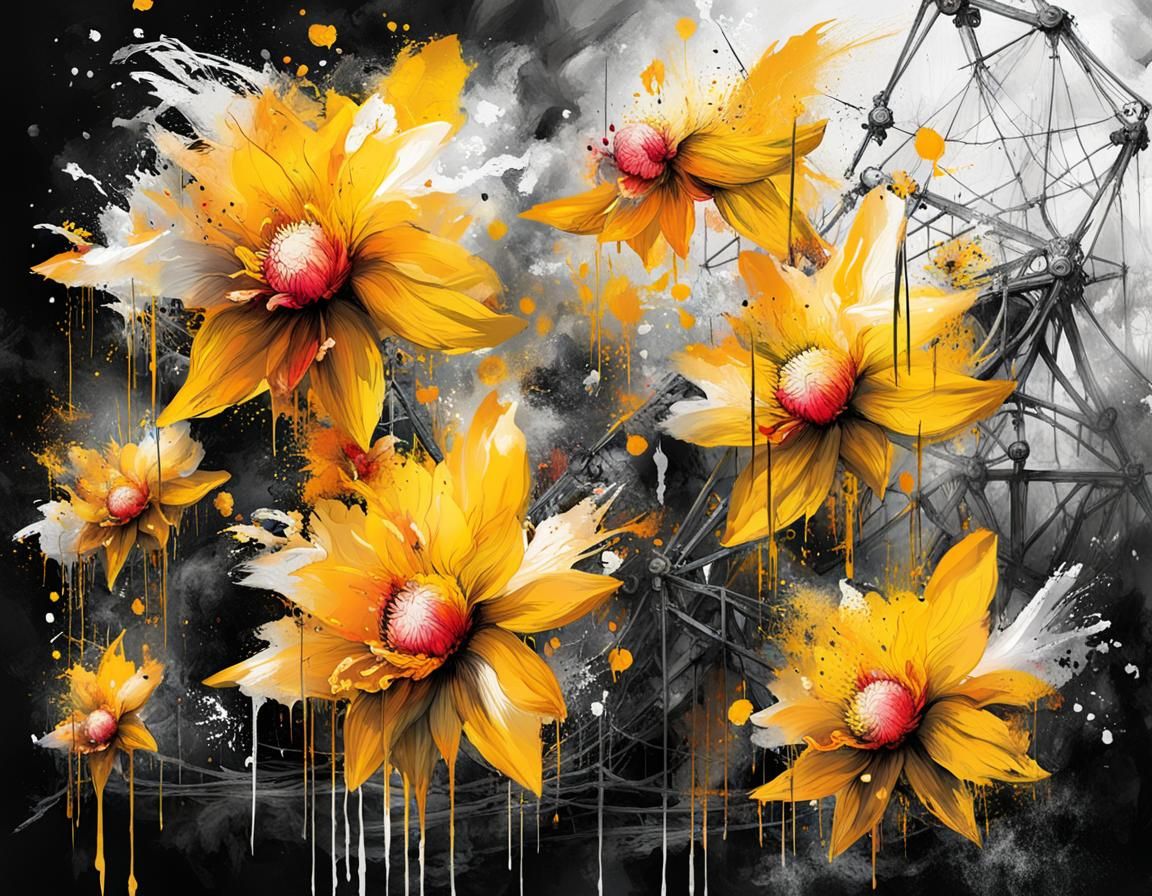 Ink Flowers Bloom in Golden Cage: Detailed Ink Drawing