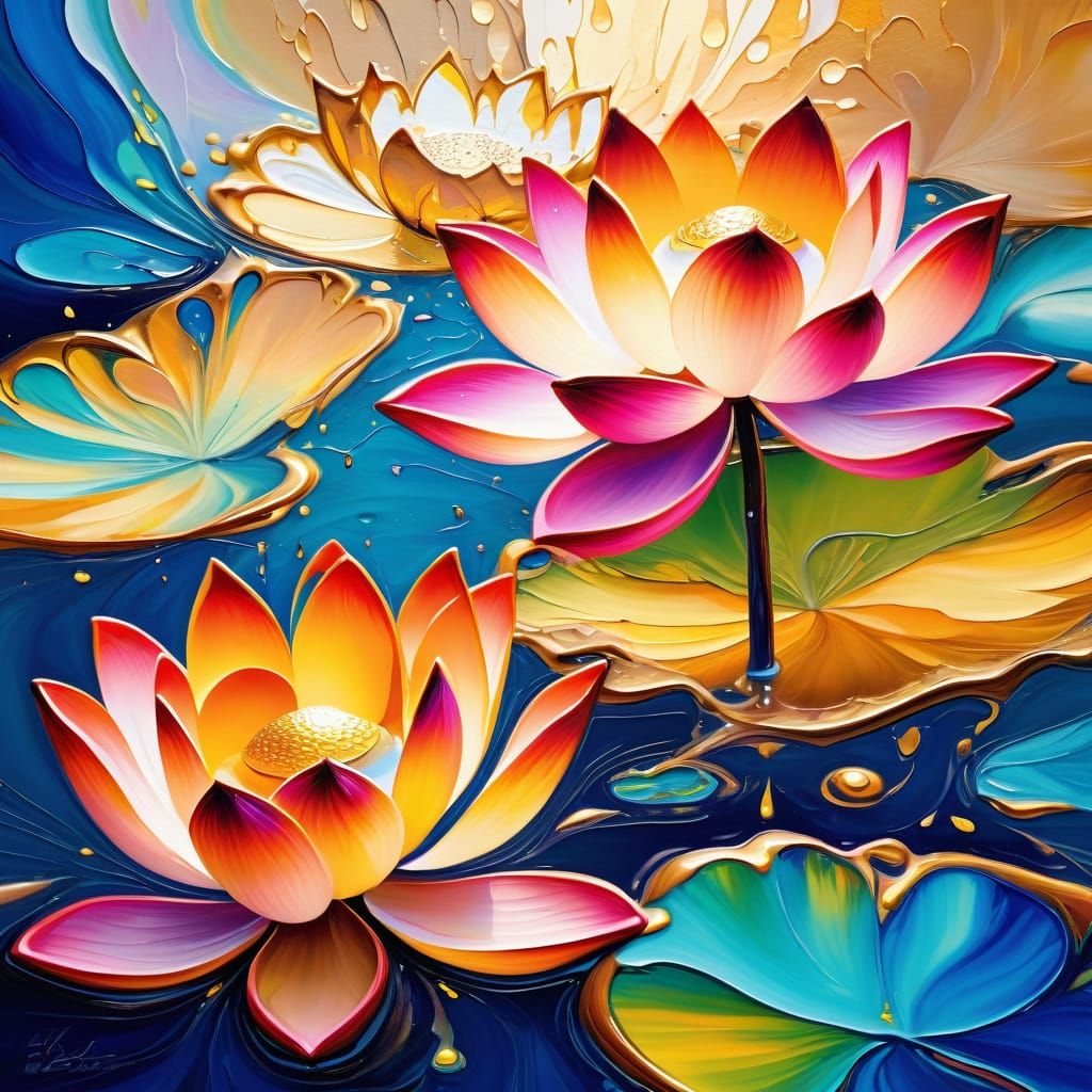 Vibrant Lotus Blooms in Warm, Iridescent Light