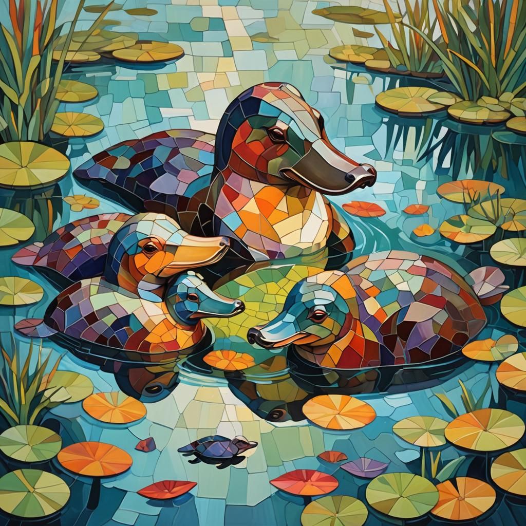 Geometric Platypus Family in Cubist Fauvist Style