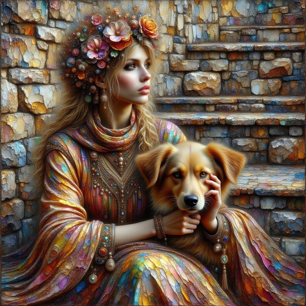 Musician Girl with Dog: Oil Painting in Italian Village