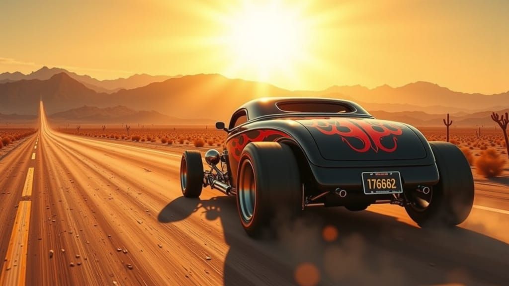 Black Hot Rod with Red Flames on Desert Highway
