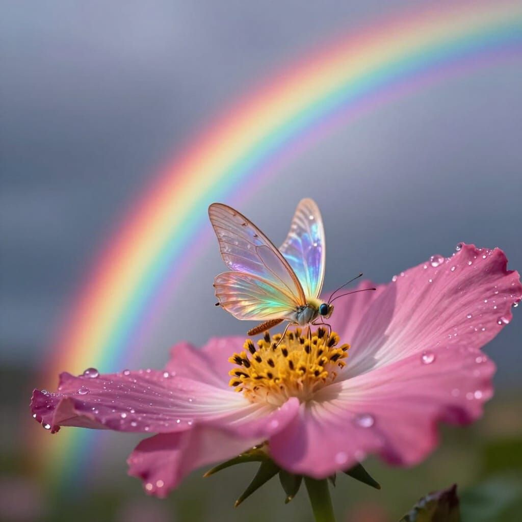 Fairy Sheltering Under Flower Petal in Rainbow Storm
