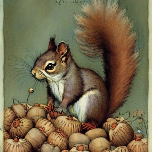 Whimsical Squirrel with Acorn Storybook Illustration