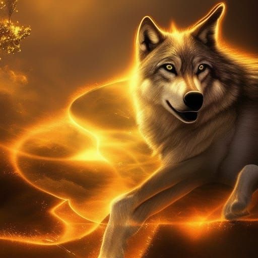 Mystical Wolf Ablaze in Golden Flames