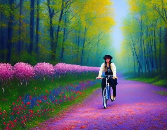 Bike Ride with Lace Flowers in Gouache Painting