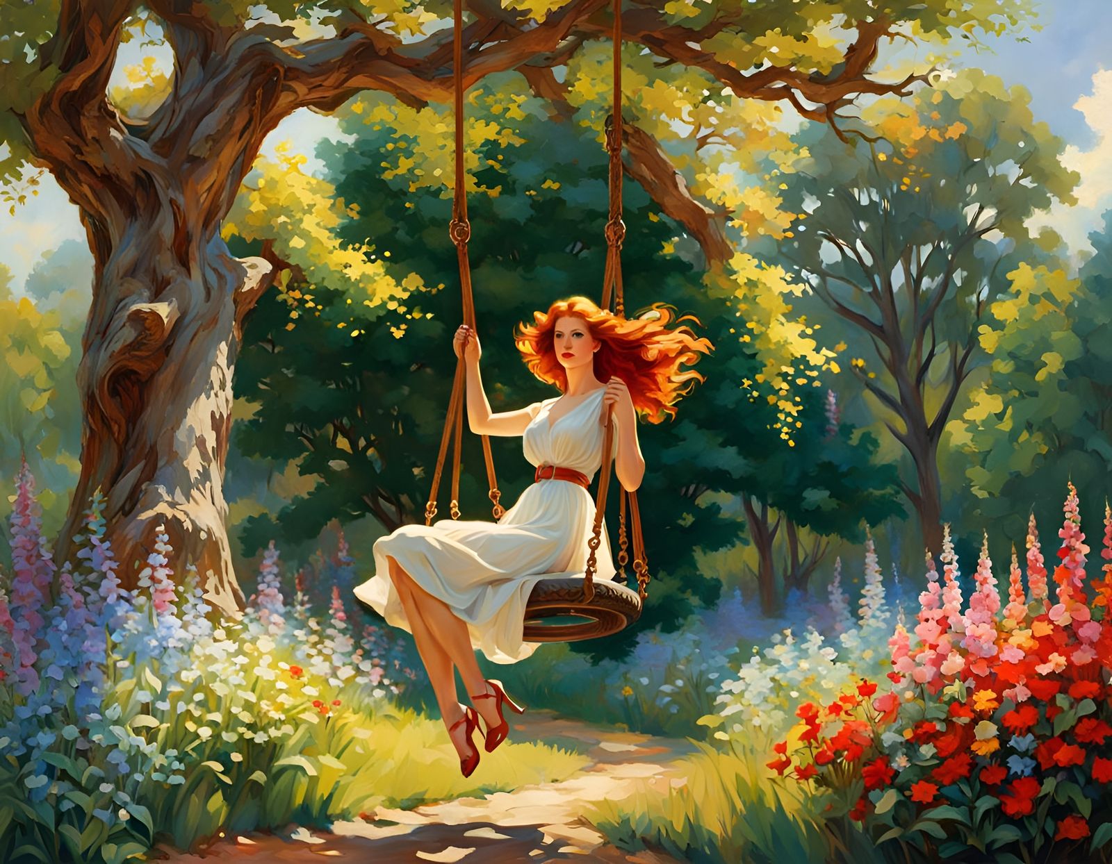 Redhead on Tire Swing: Classical Oil Painting
