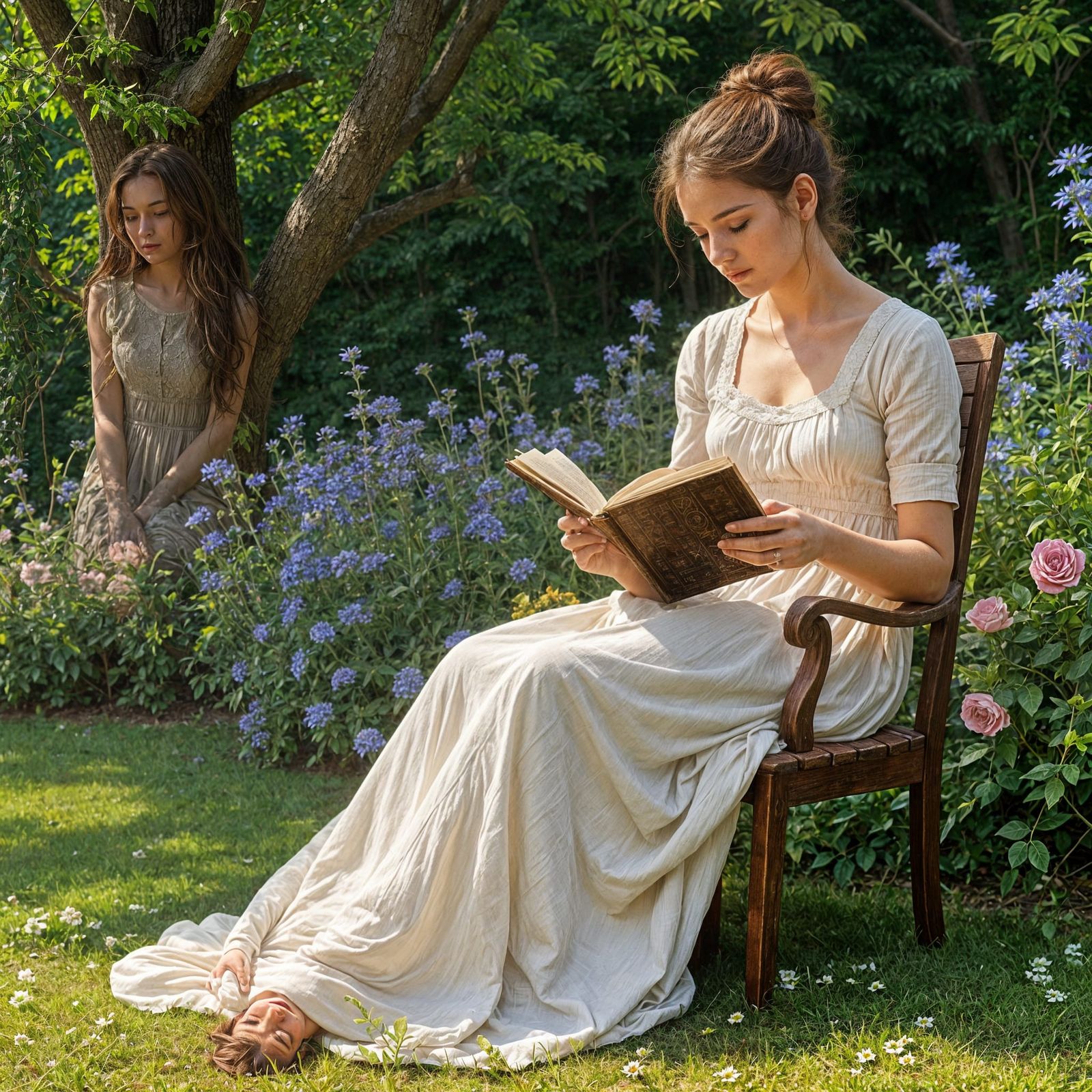 Woman in a Serene Garden Scene, in Impressionist Style