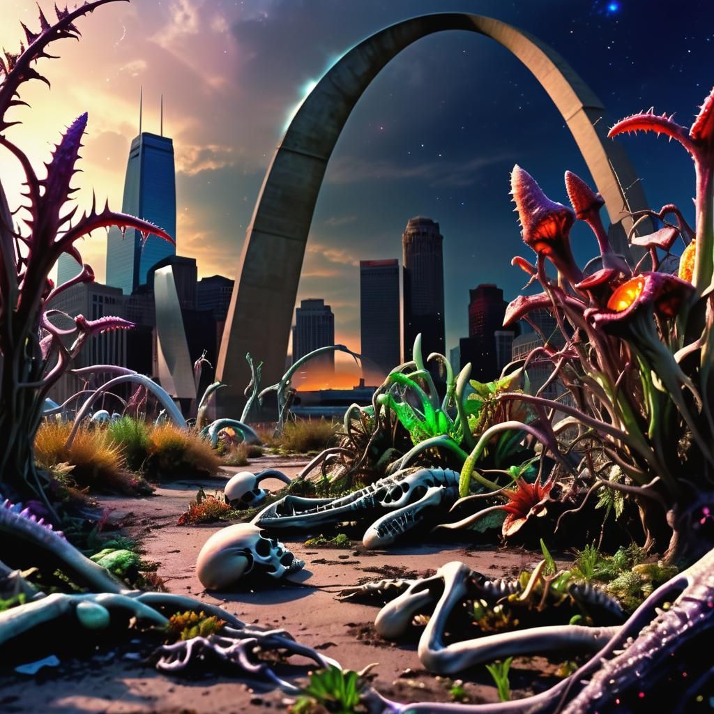 Apocalyptic Sci-Fi Scene: Gateway Arch Under Alien Vines