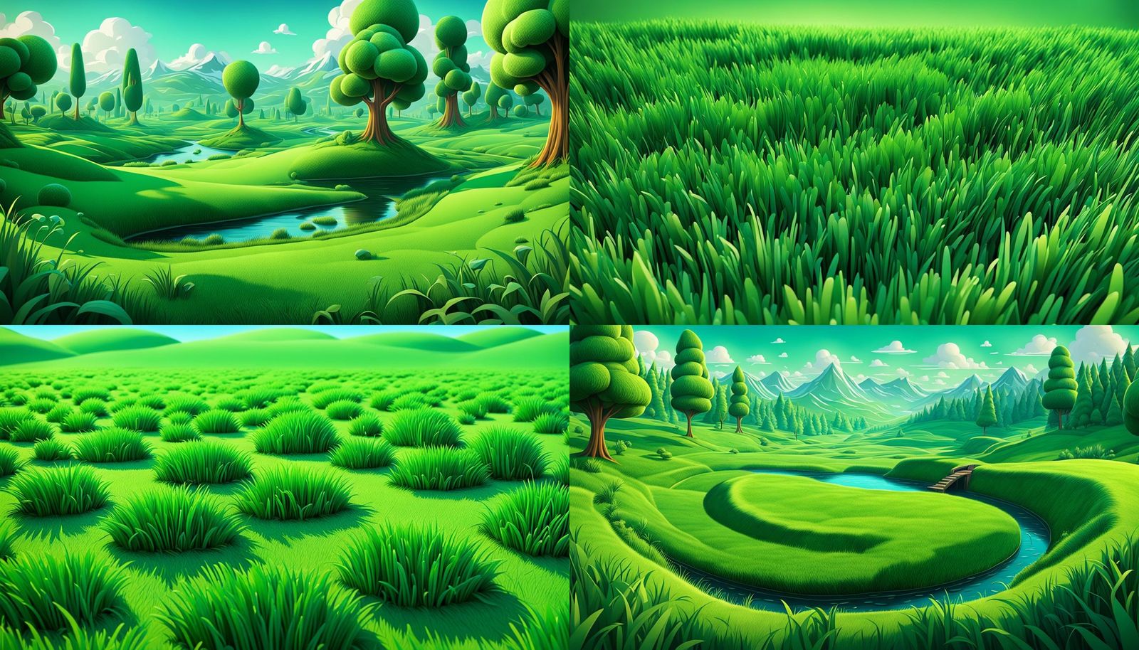 Whimsical Green Grasslands in Vibrant 3D Cartoon Style
