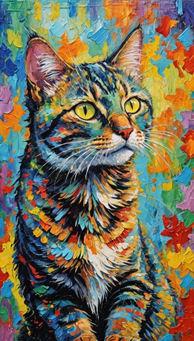 Colorful Pastel Cat in Neo-Impressionist Style