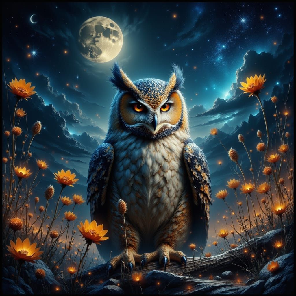 Barn Owl Among Night Flowers Under Starry Sky