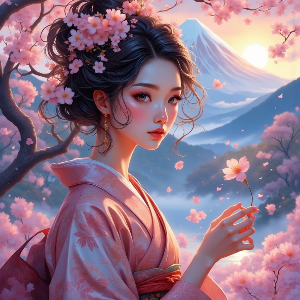 Japanese Woman in Cherry Blossom Kimono at Dusk