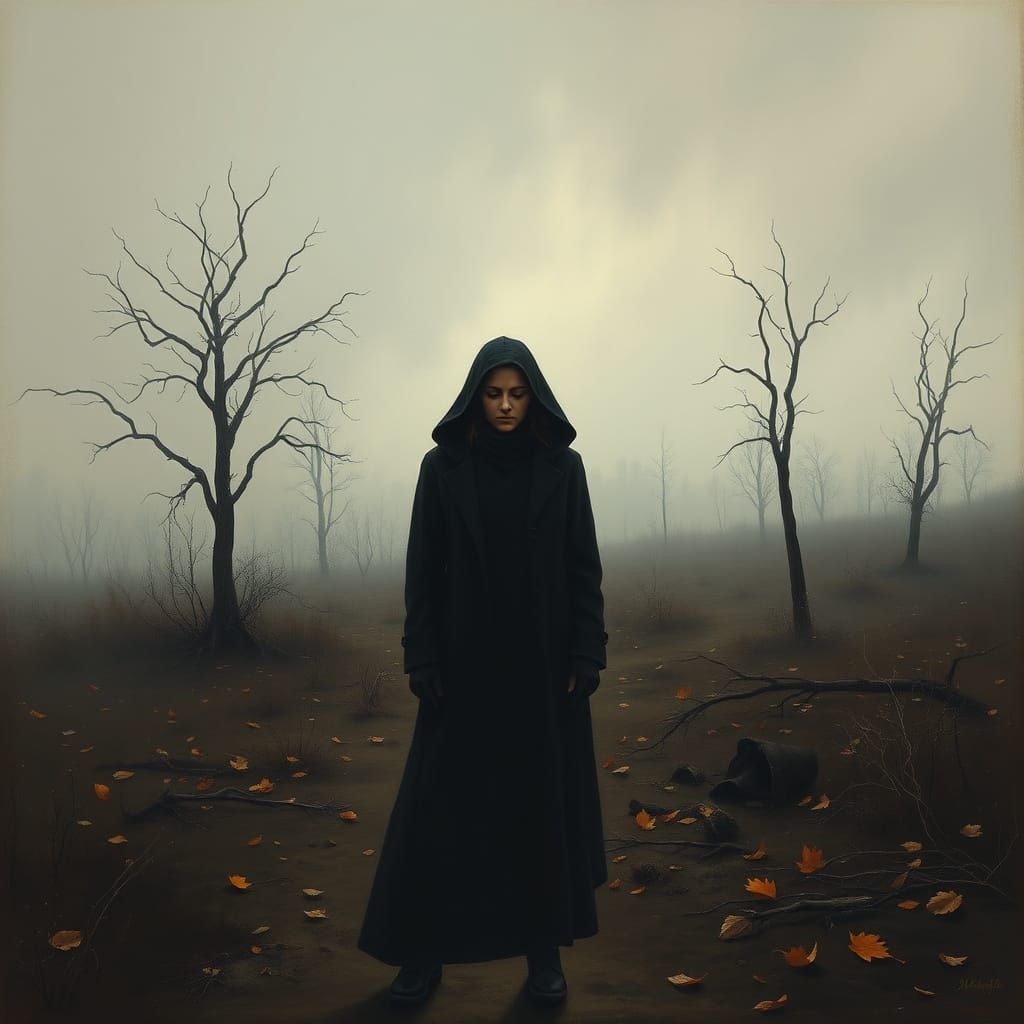 A Woman's Desolate Grief in a Mournful Landscape