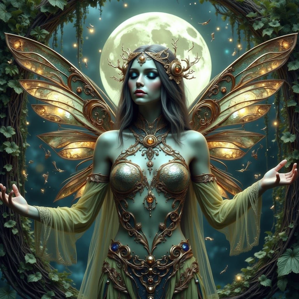 Celestial Clockwork Goddess in Moonlit Garden