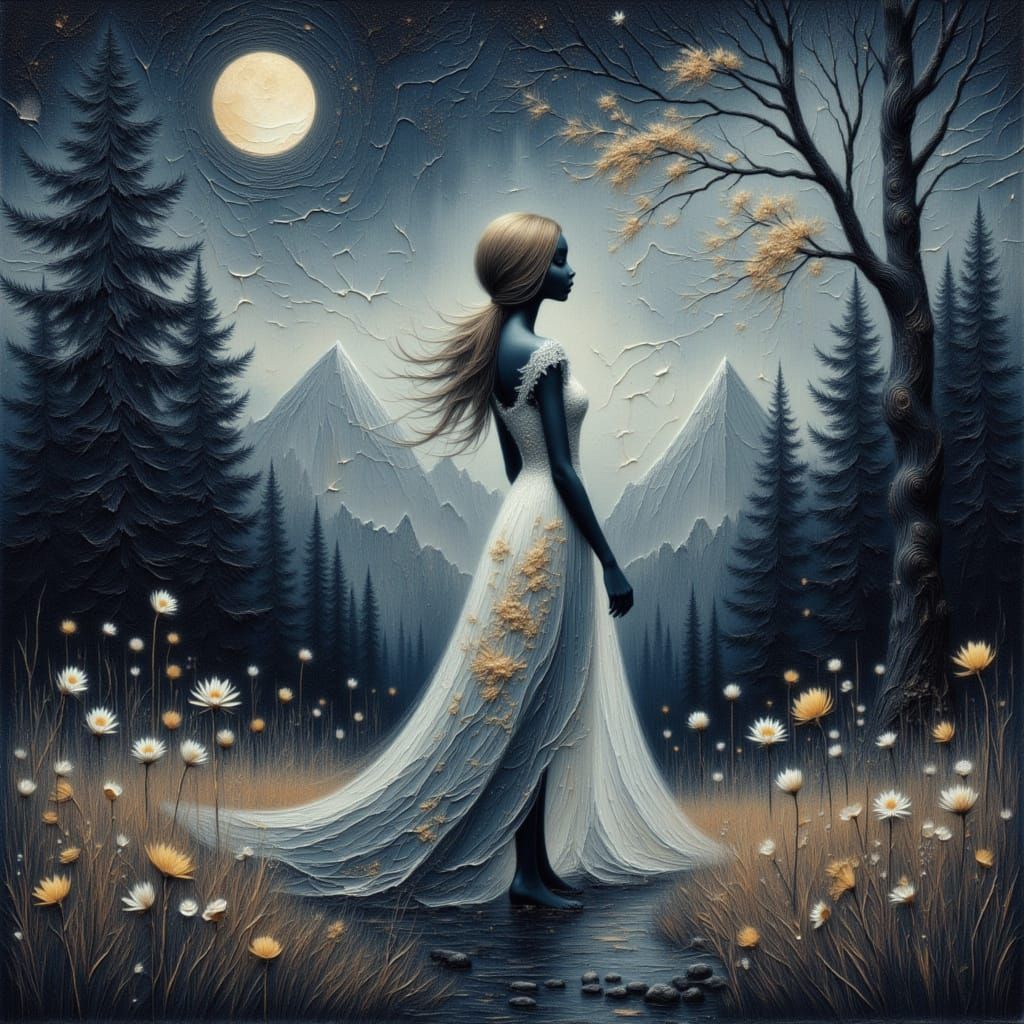 Magical Elf in Twilight Meadow, Watercolour and Acrylic