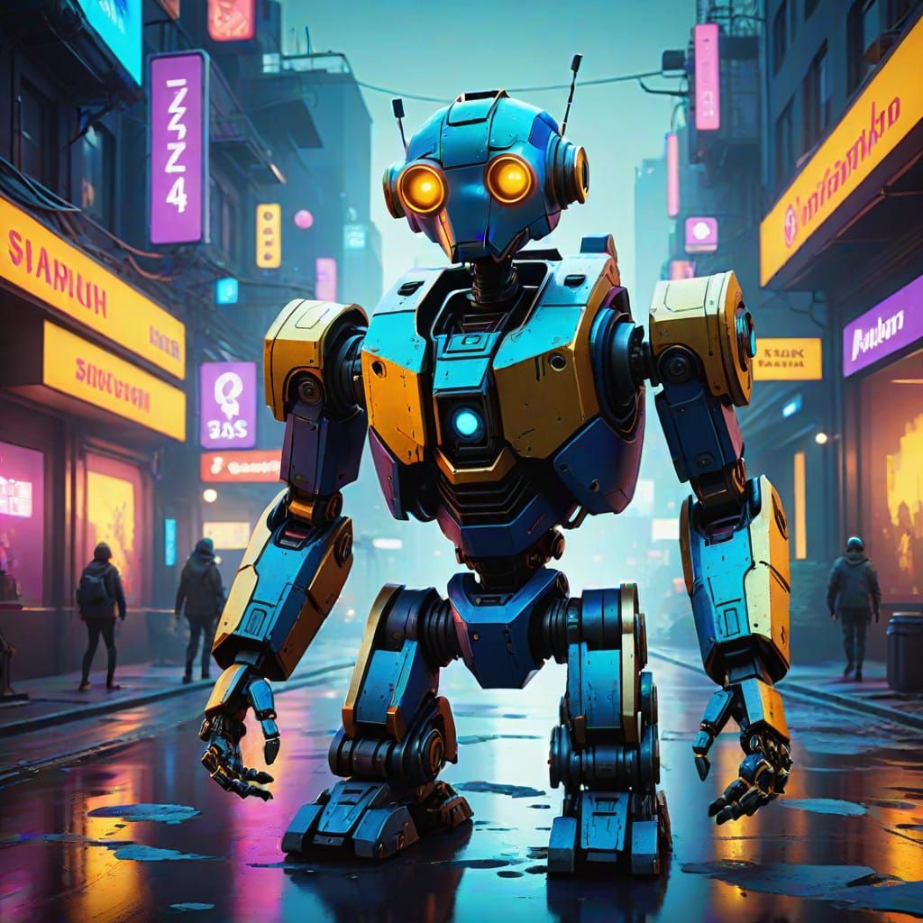 Glowing Paparazzi Robot in Neon-Lit, Sci-Fi Landscape