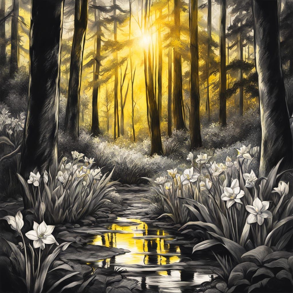Jonquilles in Forest: Hyperdetailed Charcoal and Gouache Dra...