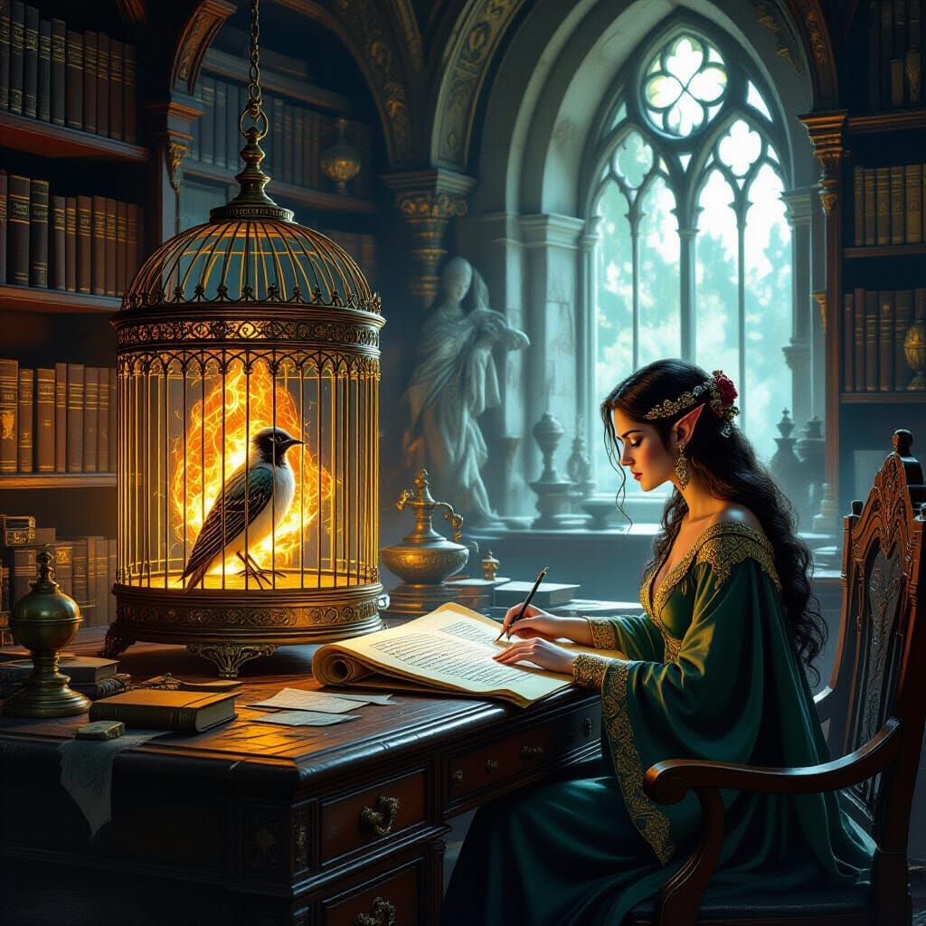 Ethereal Firebird Illuminates Elf Study, Oil Painting