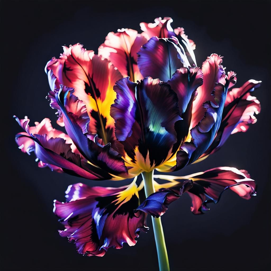Iridescent Black Parrot Tulip in Hyperrealistic Splash Art