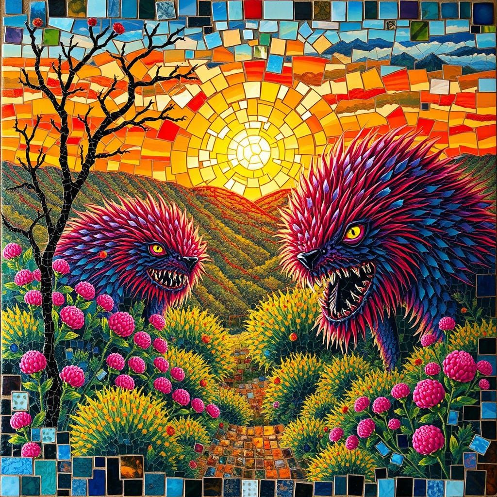 Vibrant Moorland Landscape with Furry Mosaic Monsters