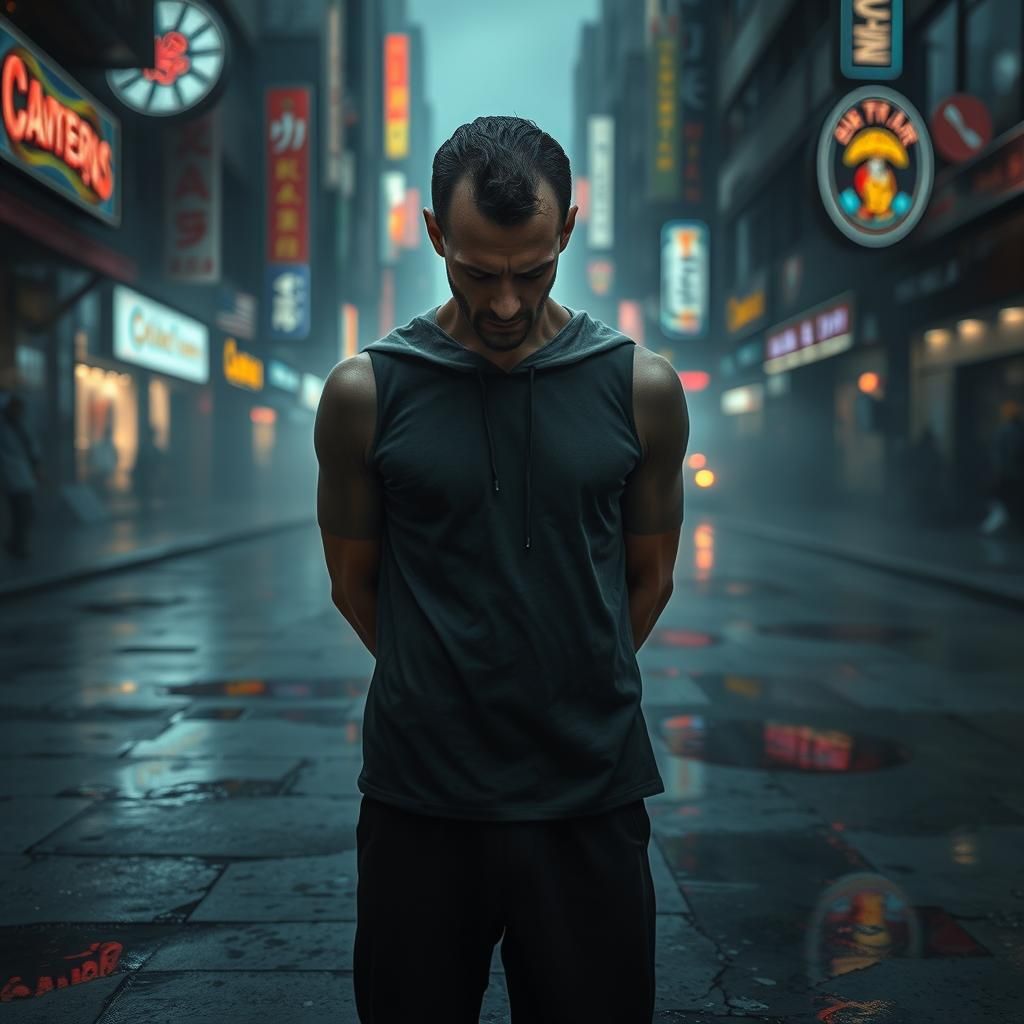 Dejected Figure in Chaotic Cityscape