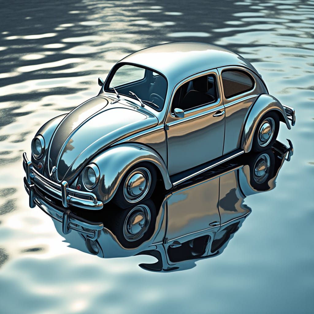 Shimmering Chrome Beetle in Liquid Silver Reflection