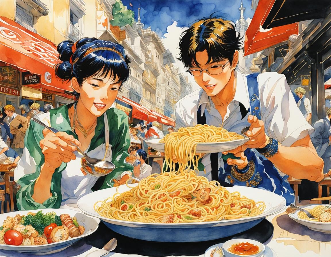 Couple Enjoying Pasta: Filigree Watercolor Art