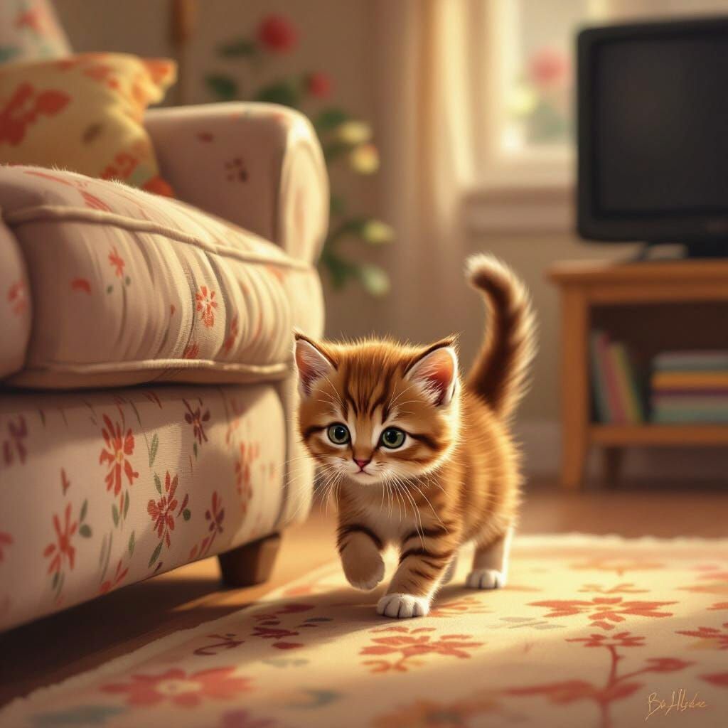 Adorable Kitten Approaches Cozy Sofa in Digital Painting