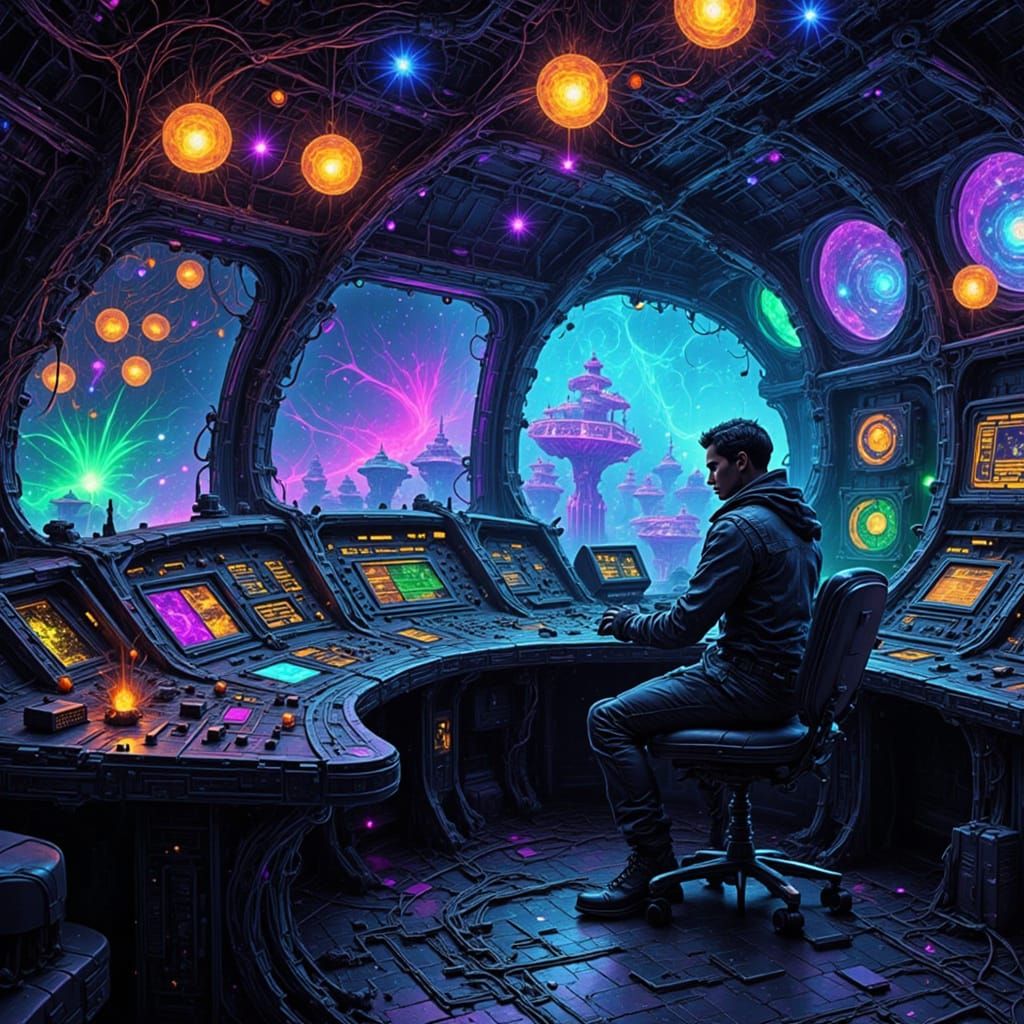 Gritty Psychedelic Spaceship Bridge with Neon Lights