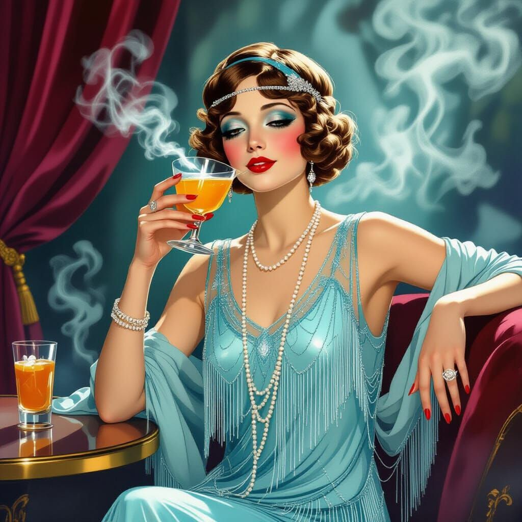 Art Deco Flapper Sipping a Sidecar, Mucha Style