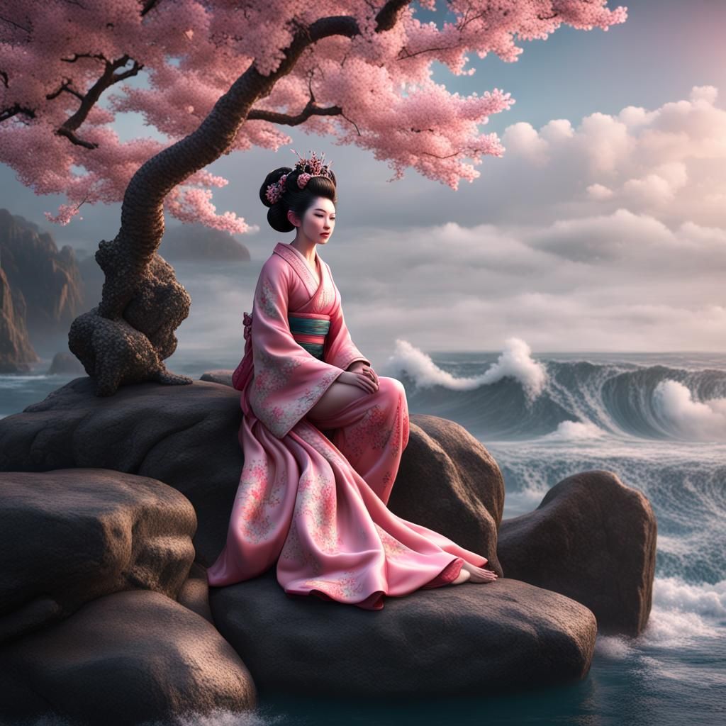 Geisha Mermaid with Cherry Tree, Hyperrealistic Art