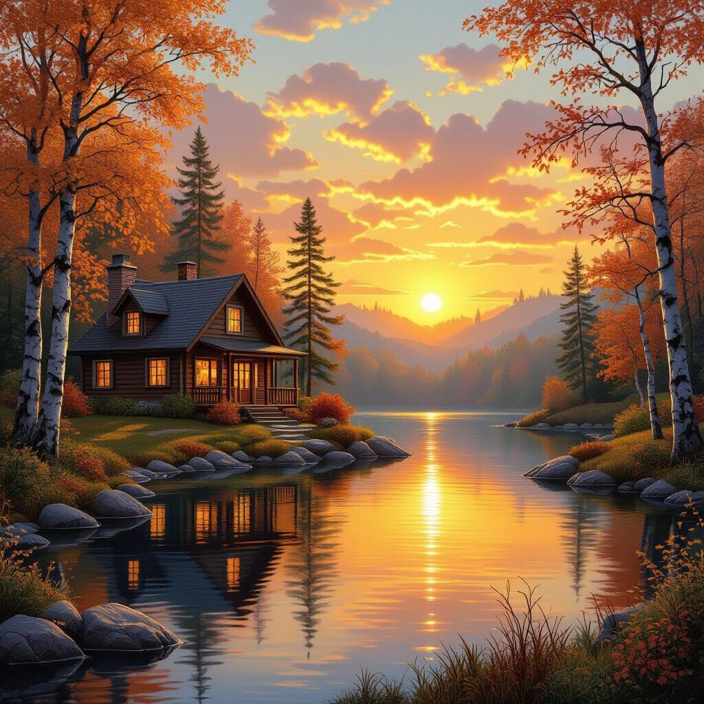 Autumn Cabin at Sunset: Golden Glow Landscape