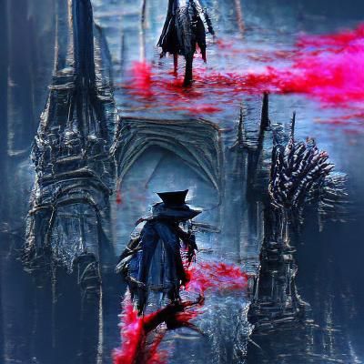 Bloodborne Hunter in Gothic Cityscape