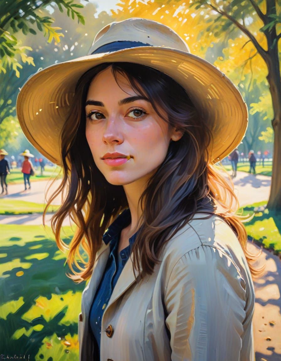 Impressionist Portrait of Woman in Park with Golden Light
