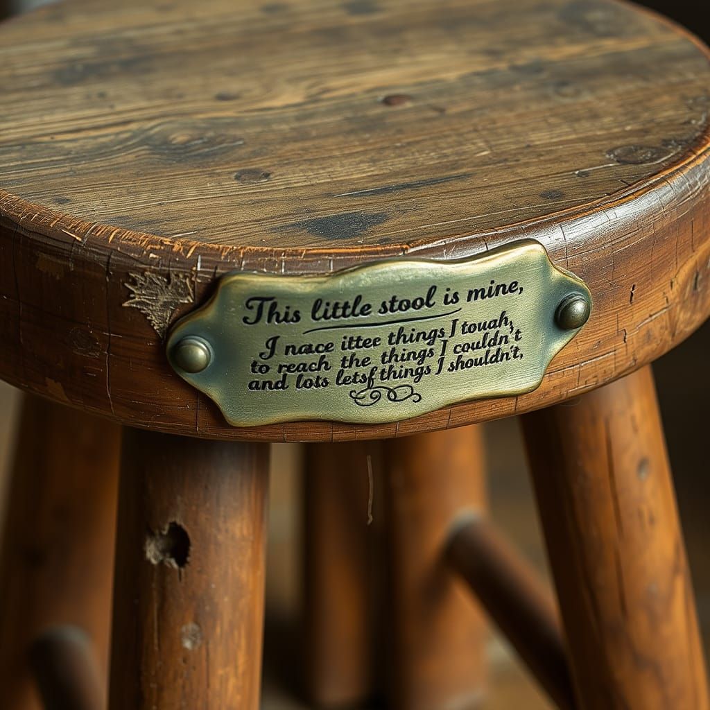 Rustic Stool with Inscription in Folk Art Style