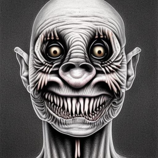 Grotesque Psychopathic Face in Surrealist Chalk Art