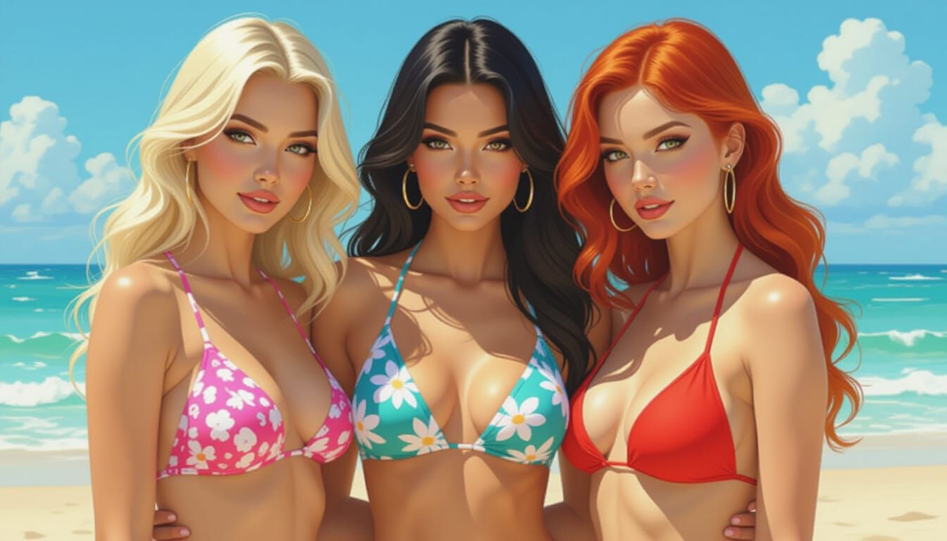 Three Women in Swimsuits on a Sunny Beach