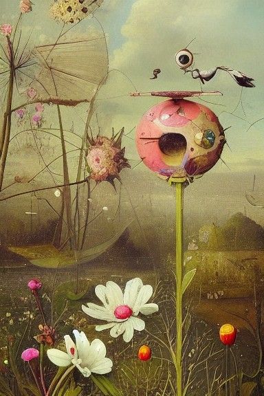 Anthropomorphic Flowers on Riverbank as Mixed Media Painting