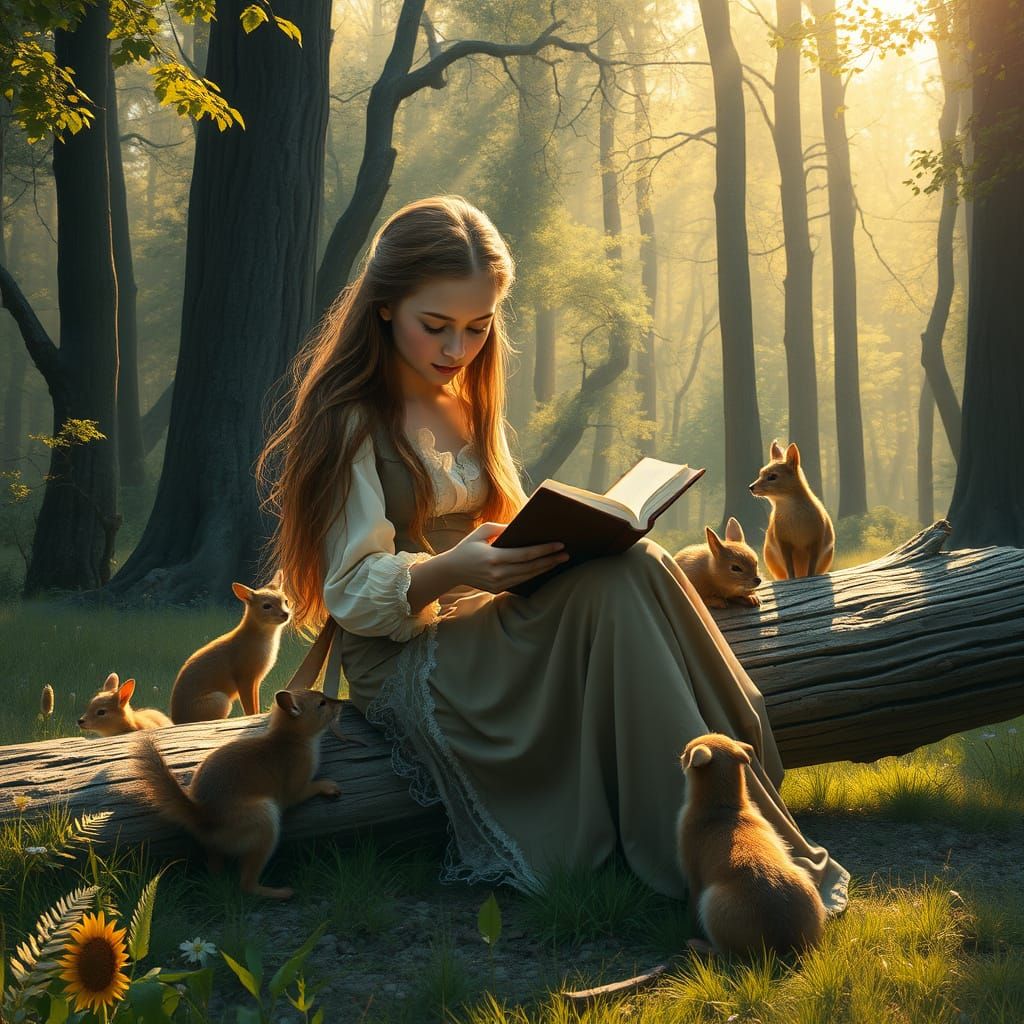 Woman Reading to Woodland Creatures in Sunlight