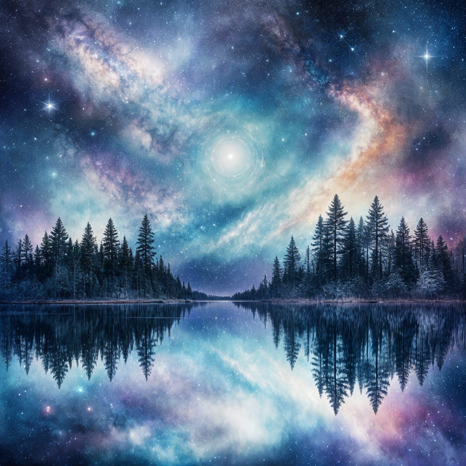 Surreal Lake Reflection: Daylight Above, Starry Night Below