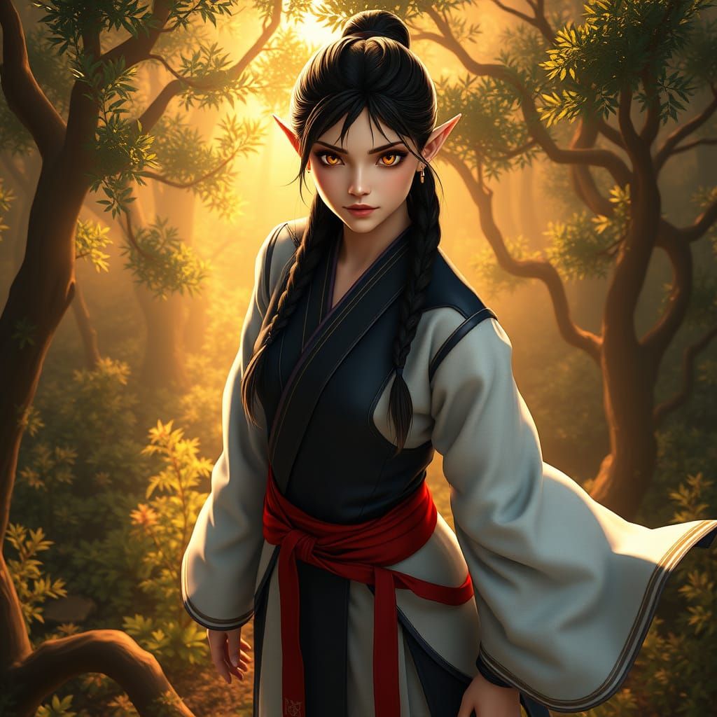 Ethereal Elven Ninja in Majestic Forest Landscape