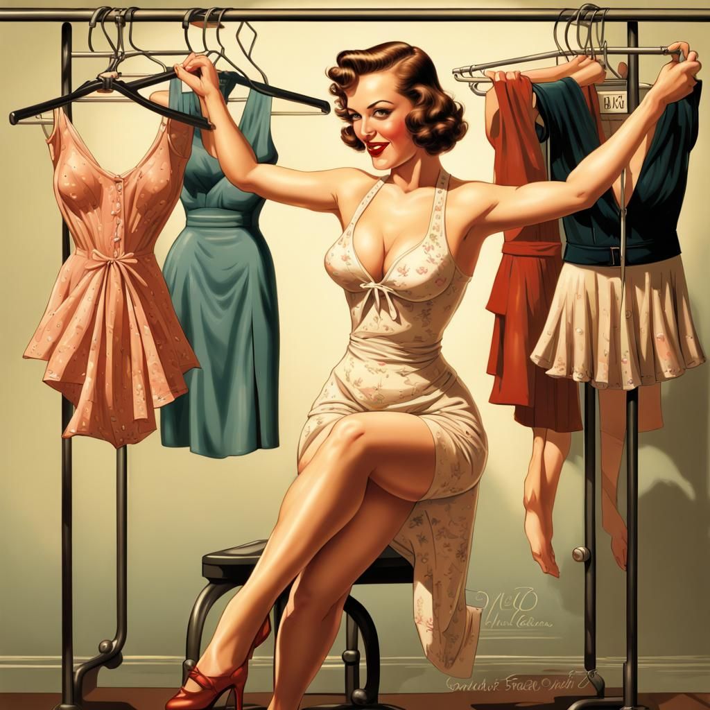 1930s Pin-Up Girl in Dress Shop, Hyperrealistic Style