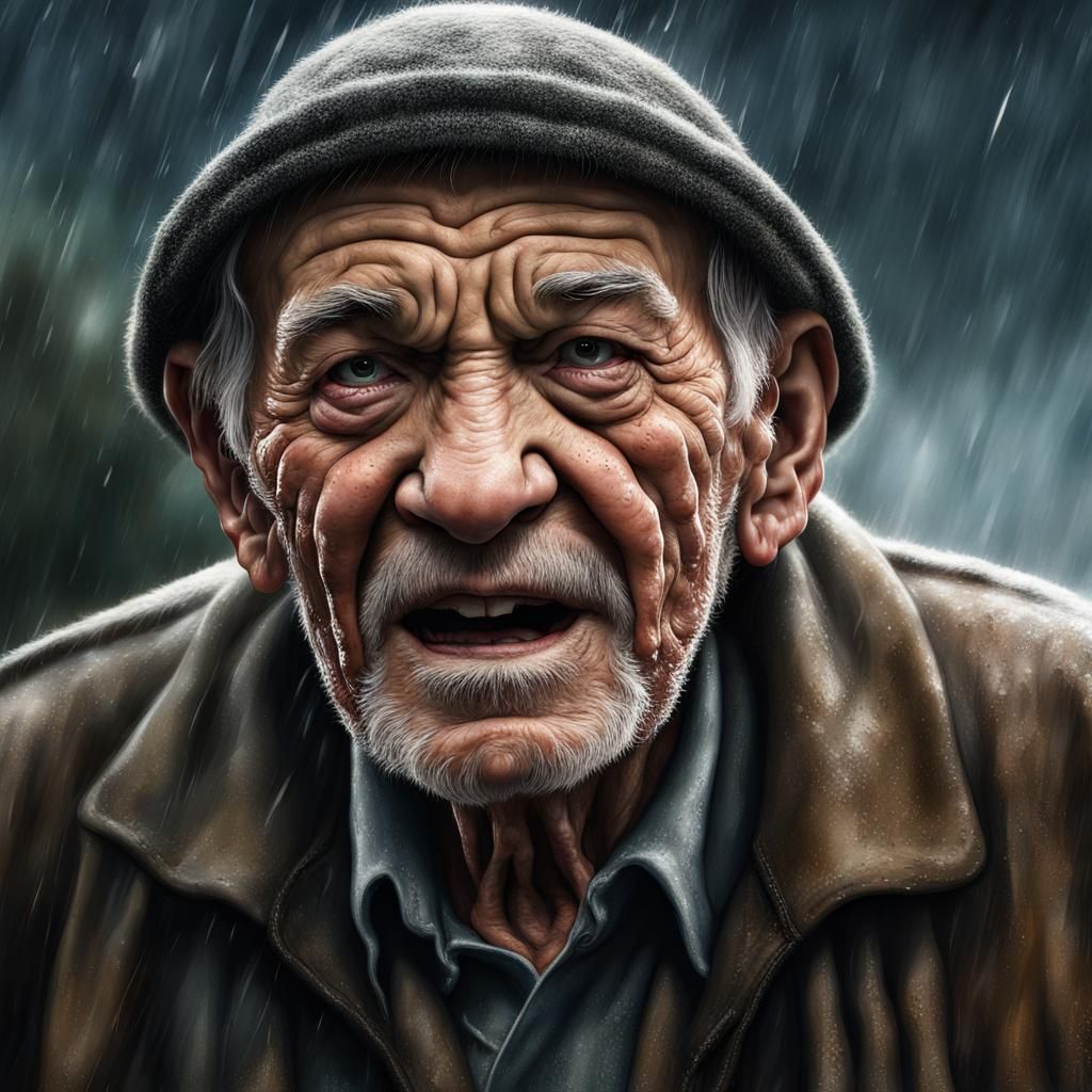 Old Man Laughing in Storm, Detailed Matte Painting
