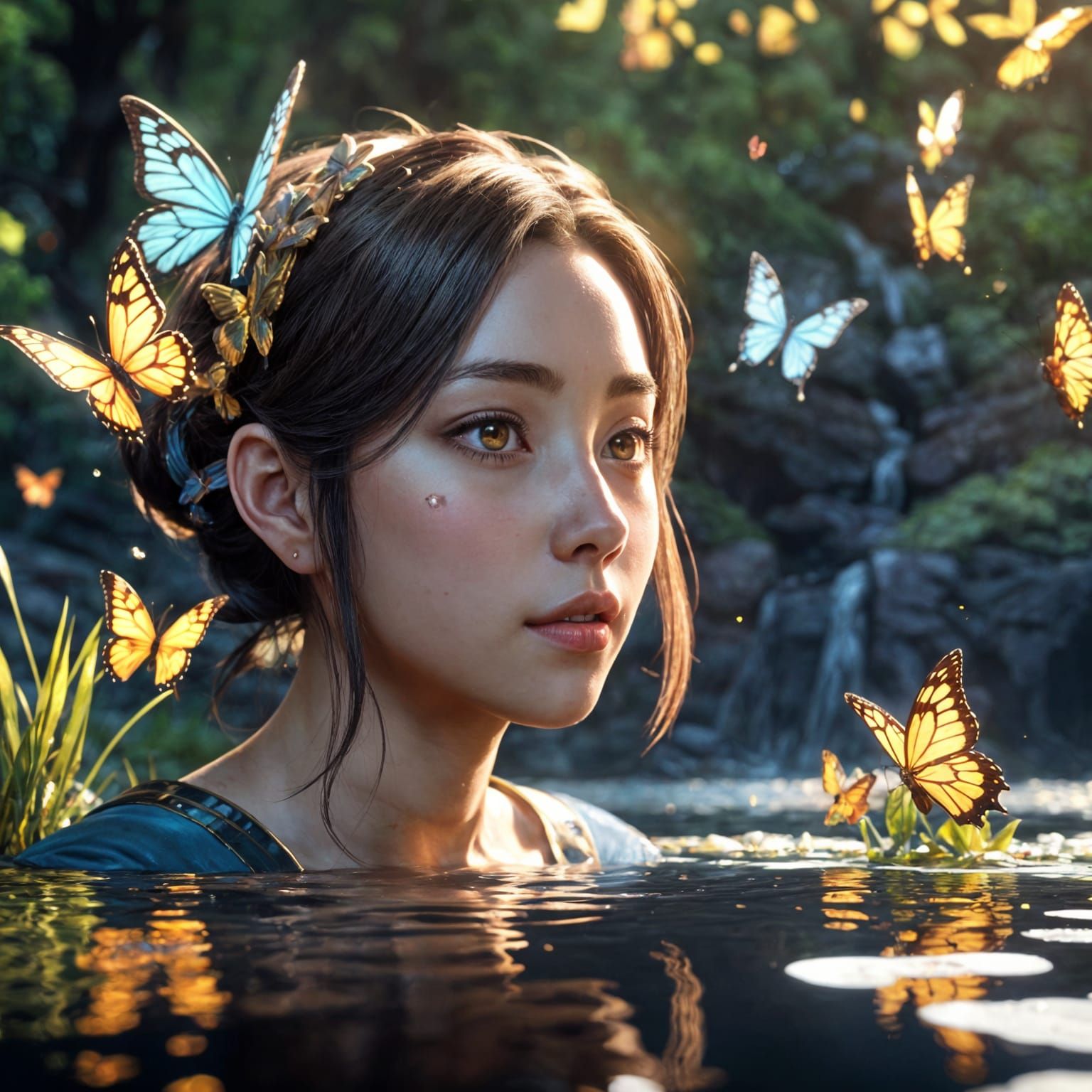 Fey Woman Gazing into Woodland Pond, 3D Anime Art